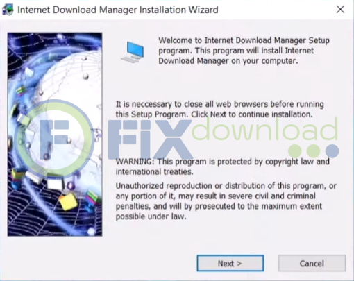Welcome window of Internet Download Manager installer on Windows