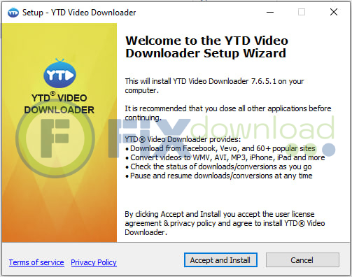 Welcome window of YTD Video Downloader installer on Windows