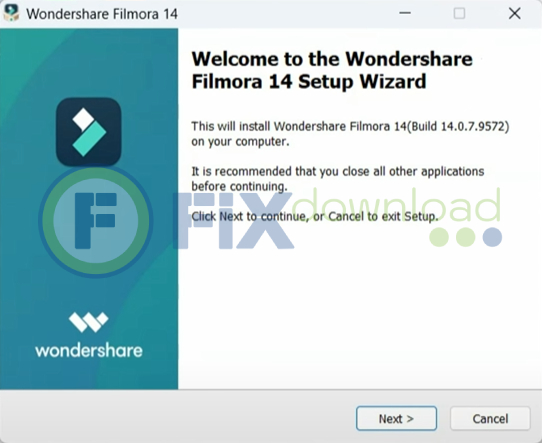 Welcome window of Wondershare Filmora installer on Windows