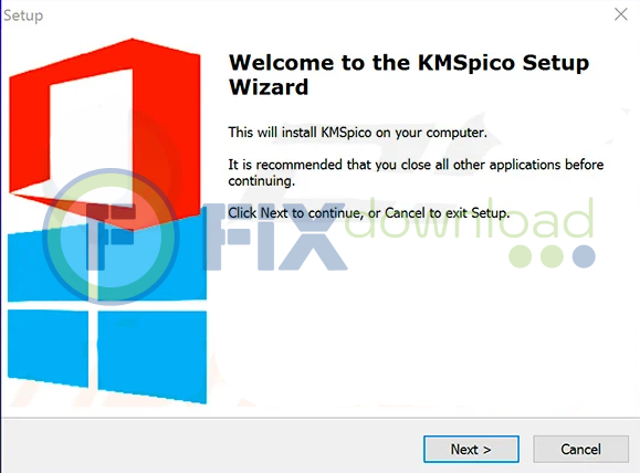 Welcome window of KMSpico installer on Windows