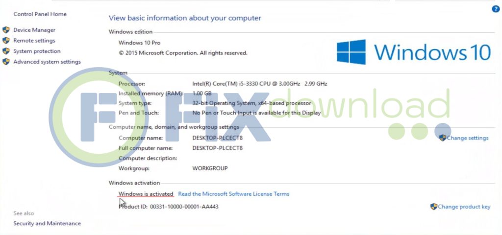 Windows activation information window in system settings