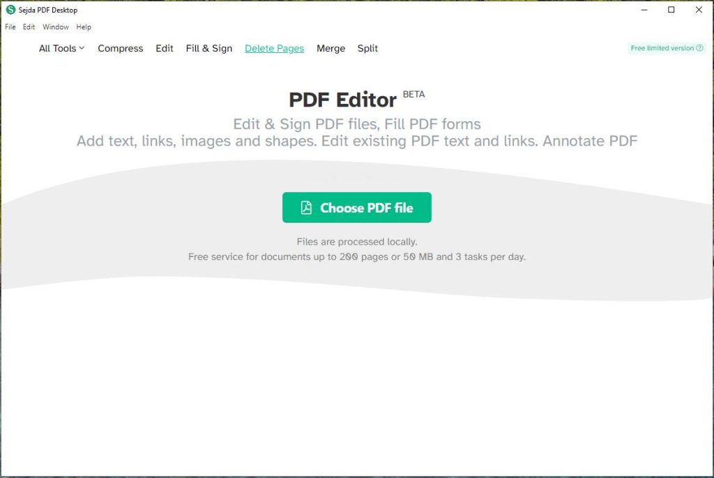 Main window of Sejda PDF Editor after launch