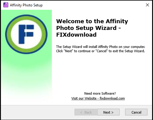 Welcome window of Affinity Photo installer on Windows