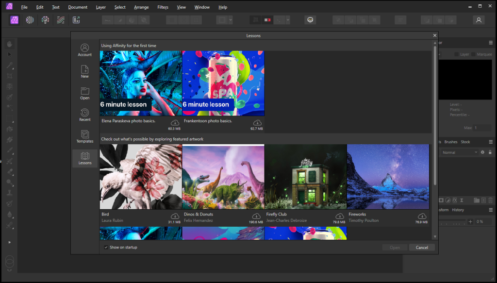 Main window of Affinity Photo after launch