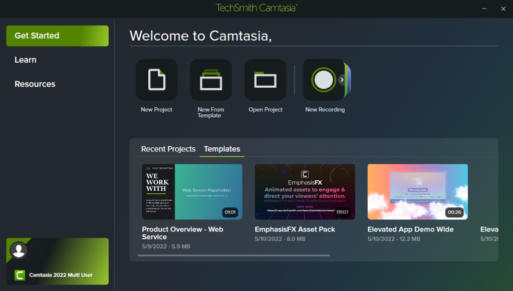 Main window of TechSmith Camtasia after launch