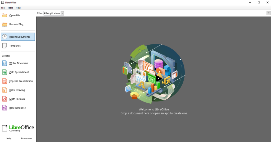 Main window of LibreOffice after launch