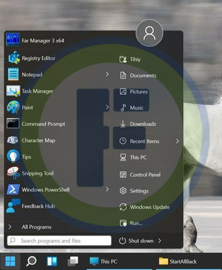Modified Windows Start menu after installing StartAllBack