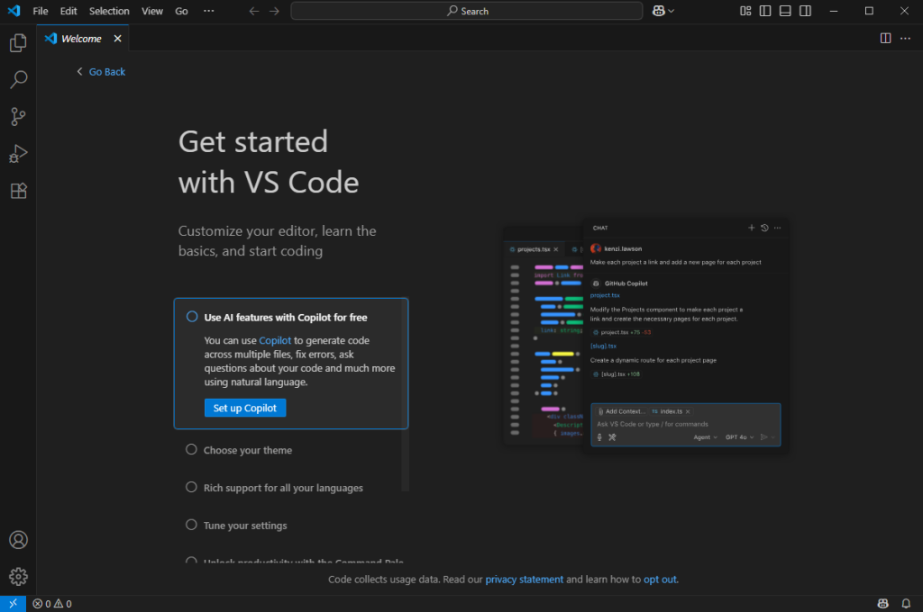 Main window of Visual Studio Code after launch