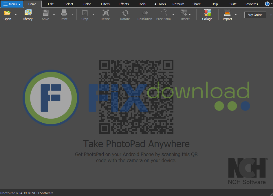 Main window of PhotoPad Image Editor after launch