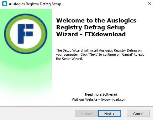 Welcome window of Auslogics Registry Defrag installer on Windows