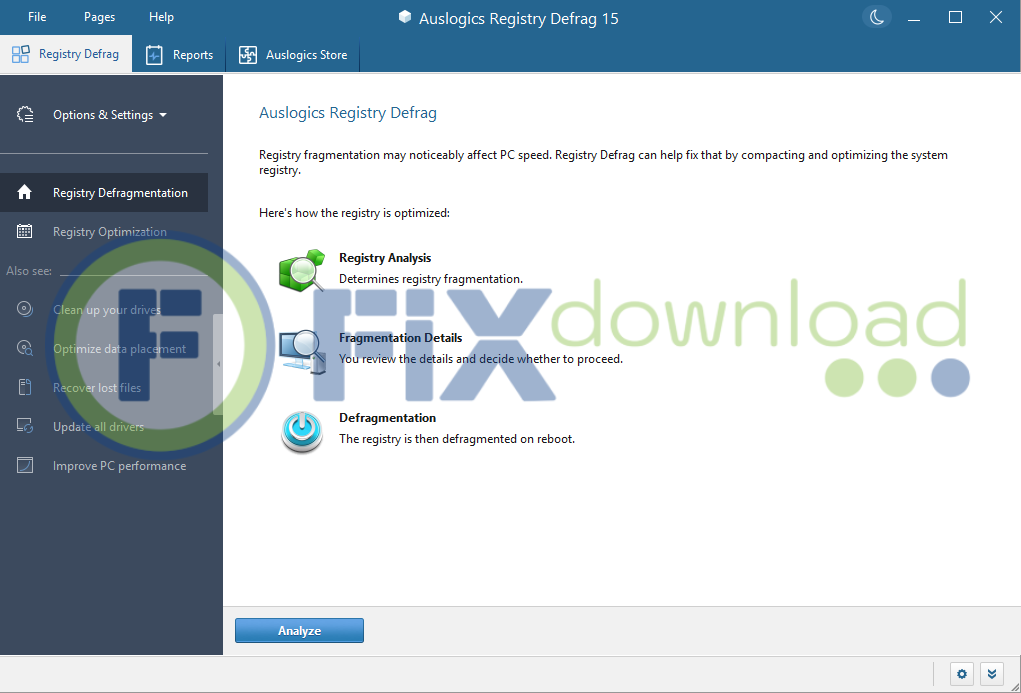 Main window of Auslogics Registry Defrag after launch