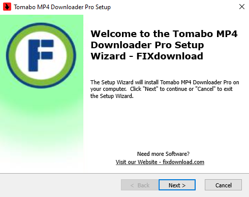 Welcome window of Tomabo MP4 Downloader Pro installer on Windows